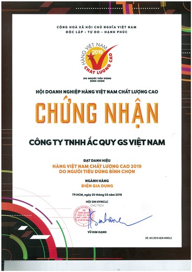 CERTIFICATE OF HIGH QUALITY VIETNAMESE GOODS 2019