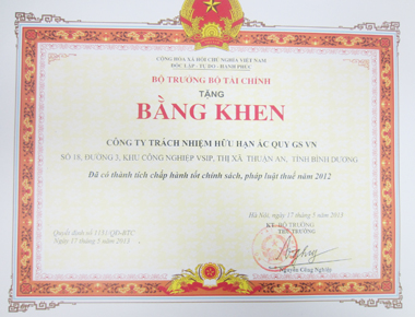 Công Ty TNHH Ắc Quy GS Việt Nam vinh dự nhận bằng khen từ Bộ Trưởng Bộ Tài Chính về thành tích chấp hành tốt chính sách pháp luật thuế năm 2012.