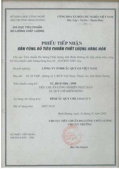 CHỨNG NHẬN TIÊU CHUẨN CHẤT LƯỢNG HÀNG HÓA - Bình ắc quy chì tự động