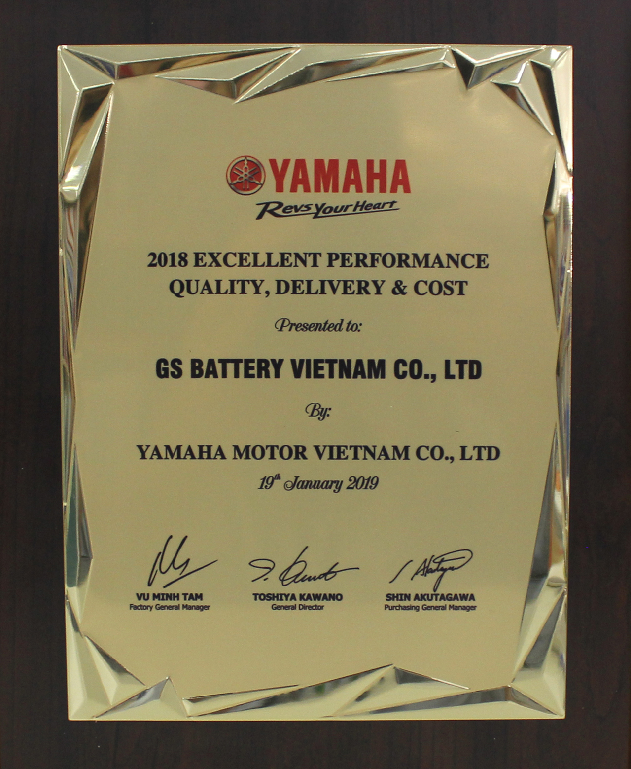 GSV WAS HONORLY AWARDED THE CERTIFICATE FOR “2018 EXCELLENT PERFORMANCE QUALITY, DELIVERY & COST” BY YAMAHA MOTOR VIETNAM